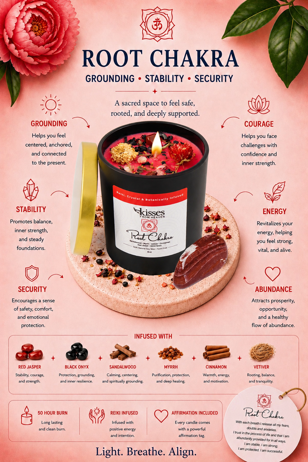 A pink promotional graphic for a candle product titled 'ROOT CHAKRA' with surrounding wellness text, a photo of the lit candle in a black jar, ingredients listed at the bottom, and decorative floral elements. The product being sold appears to be the candle, but the image is a designed marketing composite rather than a plain product shot.