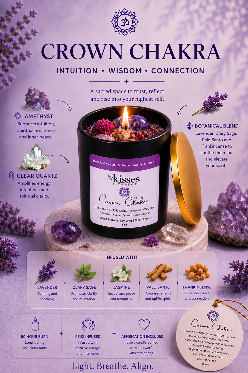 A branded candle product graphic for Crown Chakra by kisses candles, showing a lit black jar candle with a purple label, a gold inner vessel, and surrounding lavender sprigs and crystals on a purple background with text callouts about amethyst, clear quartz, and botanical blend.