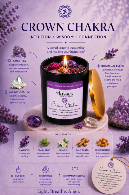 A branded candle product graphic for Crown Chakra by kisses candles, showing a lit black jar candle with a purple label, a gold inner vessel, and surrounding lavender sprigs and crystals on a purple background with text callouts about amethyst, clear quartz, and botanical blend.