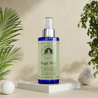 Sage Mist bottle on a white platform with plants in the background