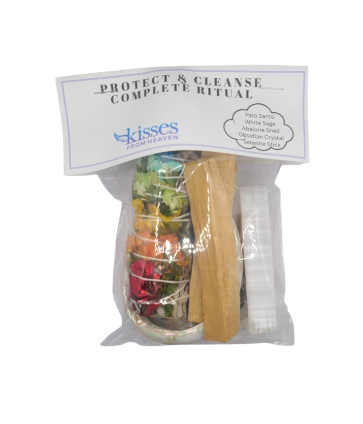 Kisses From Heaven Protect & Cleanse Complete Ritual with Palo Santo, White Sage, Abalone Shell, Obsidian Crystal and Selenite Stick