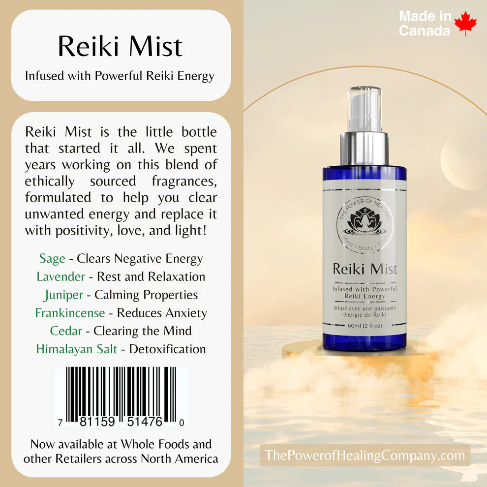 Reiki Mist bottle with product details on a beige background