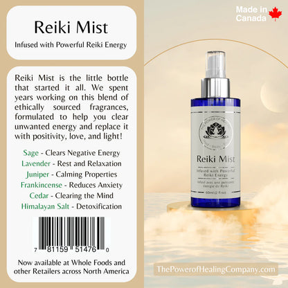Reiki Mist bottle with product details on a beige background