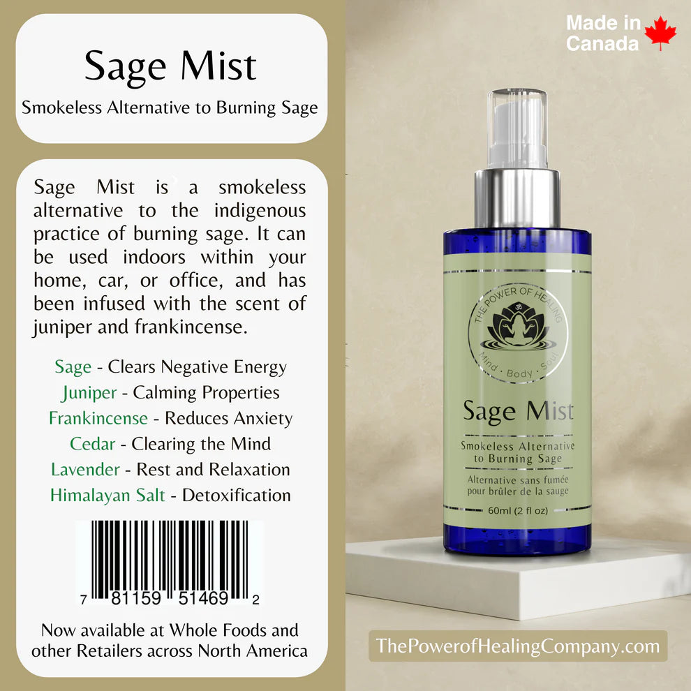 Sage Mist bottle with product description on a beige background