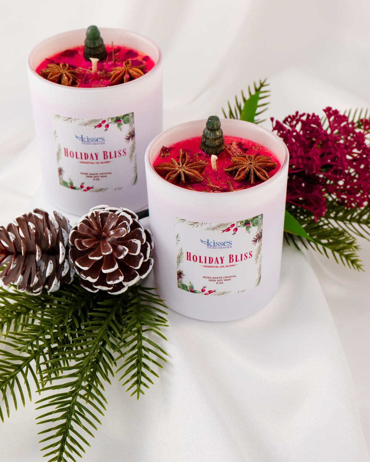 Holiday Bliss Candle | Christmas Soy Candle with Moss Agate Crystal Tree
