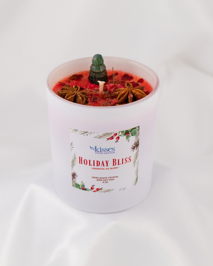 Holiday Bliss Candle | Christmas Soy Candle with Moss Agate Crystal Tree