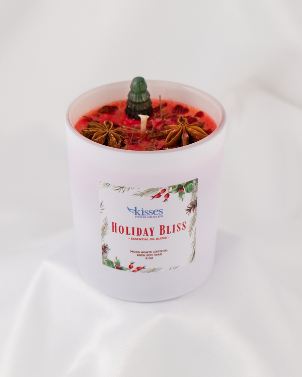 Holiday Bliss Candle | Christmas Soy Candle with Moss Agate Crystal Tree