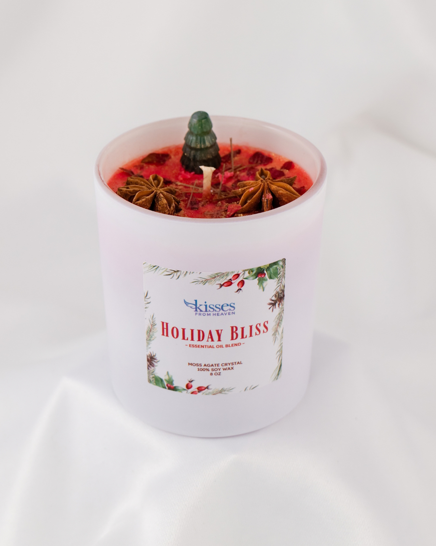 Holiday Bliss Candle | Christmas Soy Candle with Moss Agate Crystal Tree